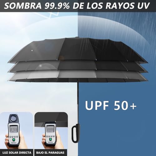 MXHIGO Paraguas Plegable Automático con Hebilla de Anillo, Paraguas de Bolsillo Reforzado, Sombrilla Grande Resistente al Viento, Con 20 Varillas Reflectantes y Protección UV, Para Hombres y Mujeres