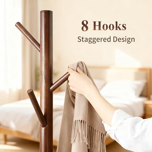 Solid Wooden Coat Rack Freestanding, New Zealand Pine Coat Tree with 8 Hooks & 3 Adjustable Sizes for Coats, Hats, Handbags and Scarves, Space Saving for Entryway/Office/Bedroom (175cm)