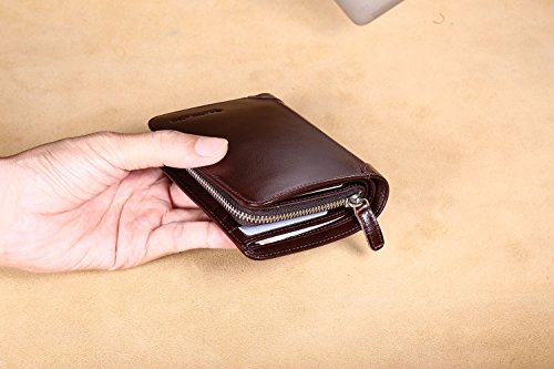 Men's Genuine Cowhide Leather Extra Capacity Bifold Wallet with Zipper Coffee