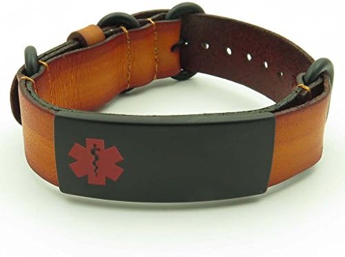 IDtagged Men's Tan Leather Medical ID Bracelet Adjustable Length w/ Blank Matte Black Stainless Steel Tag