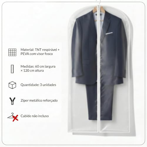 Kit 3 Capas Protetoras de Terno, Vestido e Cosplay 60x120cm Anti-Mofo e Umidade com Zíper – Visor Fosco PEVA + Traseira Respirável TNT