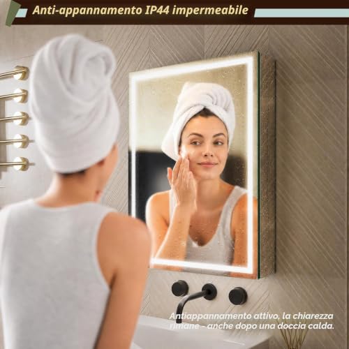 GANPE LED Illuminated Bathroom Mirror with Single Door, Deflog, Continuous Dimming, 3 Colour Memory, Storage Shelves, Sockets and USB (50 x 70 cm)