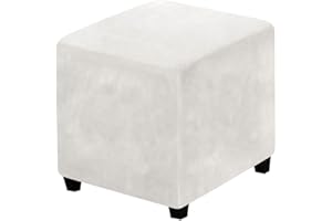 LEXFORT Velvet Ottoman Covers Slipcover Square Footstool Protector Covers Storage Stool Ottoman Covers Stretch with Elastic Bottom Small White