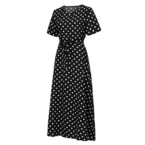 Kawaiine Women O-Neck Polka Dots Short Sleeve Beach Polka Dot Bandage Long Maxi Dress Black