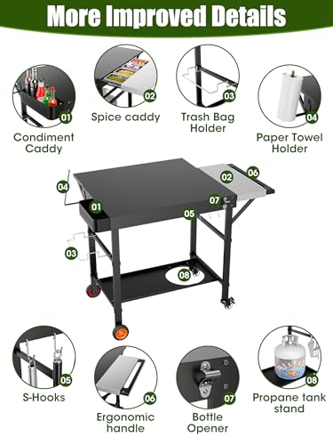 Outdoor Pizza Oven Table, Expansive Countertop Pizza Oven Stand for Party, Movable Kitchen Cooking Prep BBQ Cart with Wheels, Solid and Sturdy Grill Table, Fits Ooni Blackstone Ninja Cuisinart Gozney