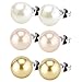 Charisma 8mm Composite Shell Pearls Stud Earrings Round Ball Imitation Pearl Earrings Hypoallergenic 3 Pairs White, Light Peach, Gold Color
