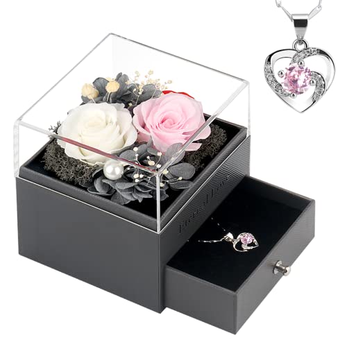 SHOKUTO Birthday Gifts for Her-2 Eternal Real Rose with Necklace, Gifts for Women Wife Mum Grandma Girlfriend on Birthday Anniversary Mothers Valentines Christmas Day — image 1