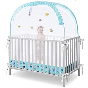 SAMWOO Baby Safety Crib Tent Upgrade Toddler Crib Net, Mosquito Canopy Netting Cover to Keep Baby from Climbing Out, Breathable Mesh Net,Pop up Cot Net, Cute Whale Pattern on The Bottom