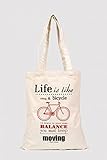 Life is Like Riding a Bicycle Canvas Tote Bag, Handmade from Cotton, Heavy Duty, Perfect for Shopping, Beach, School Books & Laptop