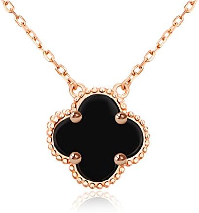 Kigmay Jewelry 925 Sterling Silver CZ Irish Clover Four Leaf Celtic Pendant Necklace Gift St Patrick Day (Black Onyx Gold Plated)