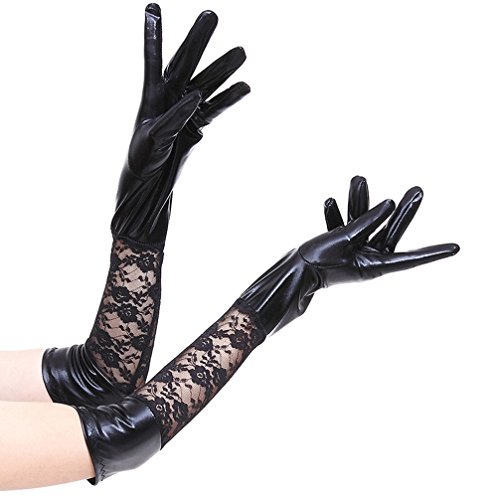 Luwint Women's Elastic Lace Shiny Wet Look Satin Long Gloves