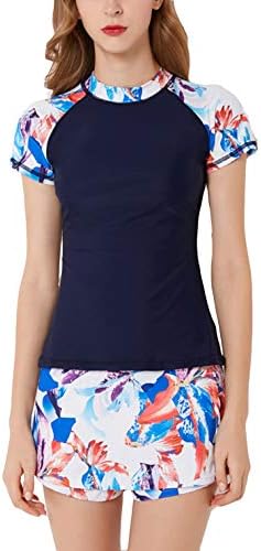 Previn Women's Surf Rash Guard Short Sleeve Zip Front Sun ProtectionTwo Piece Boyshort Swimsuit