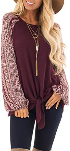 Hot!Ninasill Women Large Size Bohemian Print Splice Tied up Round Neck Long Sleeve Blouses Leisure Loose Tops T-Shirt Shirt