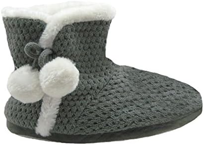 Fashion Blue Adorable Women’s Knit Boot Slippers w/Faux Fur Trim &amp; Pom-poms (M/6.5-7.5, Gray)