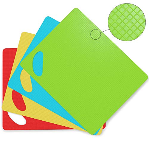 Cooler Kitchen Dishwasher Safe Extra Thick Flexible Plastic Cutting Board Mats with Holes for Hanging and Food Icons & EZ-Grip Waffle Back, (Set of 4)
