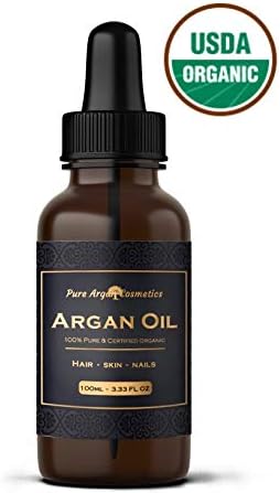 Pure Argan Cosmetics' Moroccan Argan Oil | 100% Real Authentic Argan Essential Oil for Hair, Skin and Nails | USDA Certified Organic Anti-Aging Treatment (3.33 oz).