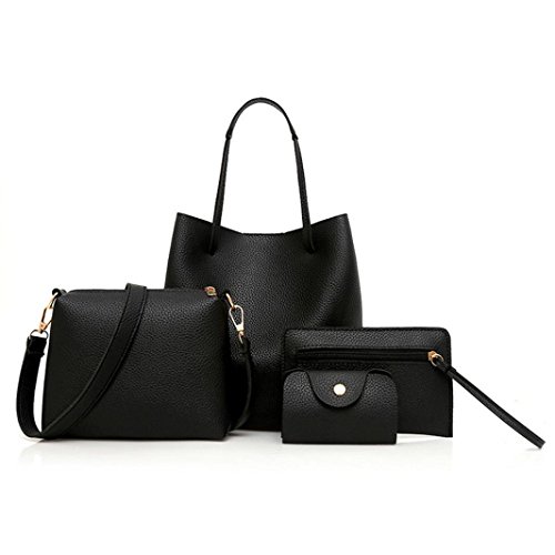 WuyiMC 4Pcs Women Teen Girls Bag Pattern Leather Handbag+Crossbody Bag+Messenger Bag+Card Package (Black) - Thumbnail 2
