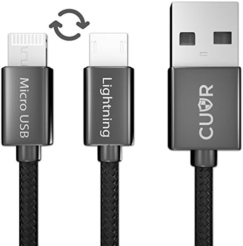OneCable 2-in-1 Lightning Cable &amp; Micro USB Charger | Braided Charging and Data Lead for Apple iPhone 5 6 6S 7 8 X Plus iPad Air Mini Pro iPod Galaxy S7 Edge PS4 Xbox (Black)