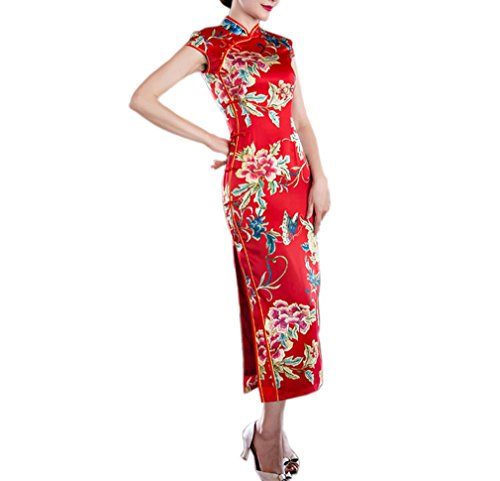 XueXian(TM) Women's Summer Floral Blooming Chinese Traditional Dress Long Wedding Qipao Red