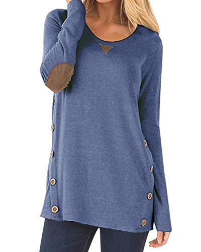 Aliex Women's Tunic Top Casual Long Sleeve Blouse T-Shirt Faux Suede Button Decor (Blue, XL)