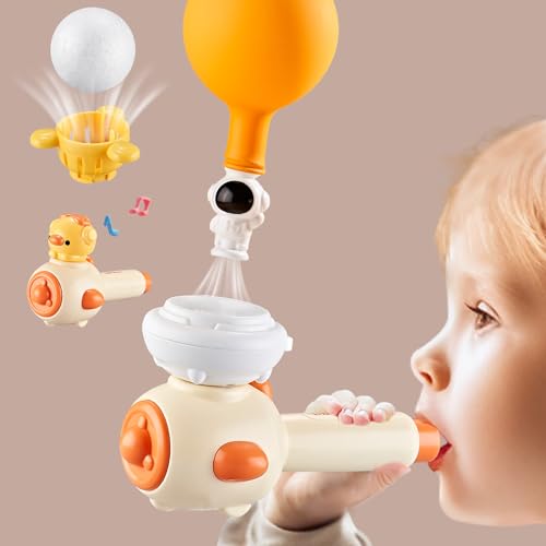 ARHEQI Breathing Exerciser for Kids, Sensory Toys with Whistle, Floating Blow Pipe Balls, Balloon Launcher, Autism Speech Therapy Toys for 3 4 5 6 7 Year Old Boys Girls Gifts-Yellow