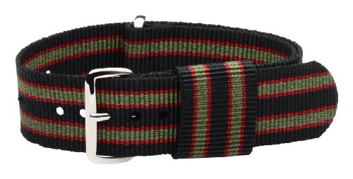 22mm Nato Ss Nylon Loop Striped Black / Green / Red Interchangeable Replacement Watch Strap Band