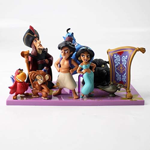 6 PCS One Set Anime Aladdin and The Magic lamp Cute Action Figure Model Toy Collection with Purple Base for Children Birthday 3-9cm
