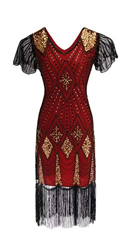 Women's 1920s Gatsby Inspired Sequin Beads Long Fringe Flapper Dress w/Accessories Set (2X-Large, Gold&Red)