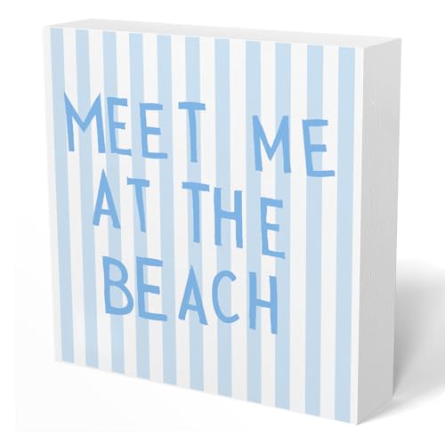 BNHJKFQZ Blue Stripes Beach Wooden Box Sign