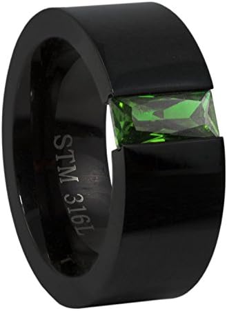 Stainless Steel Ring Black Squared Band Green Rectangular Floating Cz (7)