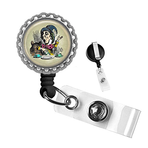 Mad Hatter Silver Bottlecap on Black Retractable Badge Reel by Geek Badges