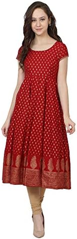 Poshak Women's Gold Print Maroon Anarkali Has Round Neck, Cap Sleeve Ankle Length with 1 Pair of Golden Latkan