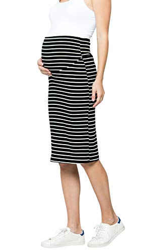 My Bump Maternity Skirt for Women - Comfort Stretch High Waisted Tummy Control Cotton Blend Midi Pencil Skirt Made in USA Black White Large