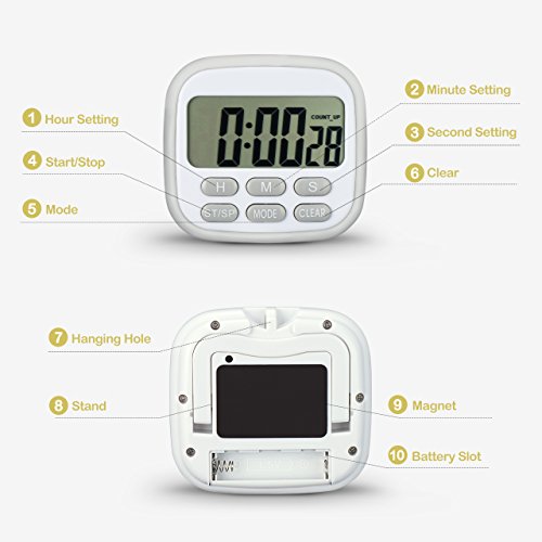 Digital Kitchen Timer, Atmoko Cooking Timer, Big Digits,Loud Alarm,Magnetic Backing Stand,Memory Function,12-Hour Display Clock,Count-Up & Count Down for Cooking Exercise—Grey (Battery not included)