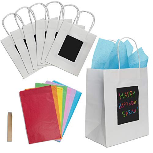7 White Gift Bags with Scratch Paper Panel for Customization, Tissue Paper Also Included! These Unique Bulk Paper Bags with Handles are great as Small Gift Bags, Party Favor Bags, and Kraft Paper Bags