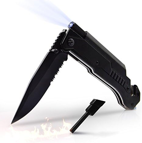 JUNHAO Best 6-in-1 Survival Tactical Military Folding Pocket Knife with LED Light, Seatbelt Cutter, Glass Breaker, Magnesium Fire Starter, Bottle Opener; Multi-Function Emergency Tool