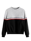 Romwe Women's Color Block Round Neck Long Sleeve Pullover Striped Sweatshirt Top Black L/(US 6)