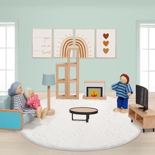 Giant bean Dollhouse Furniture Wooden Set, 36 Pieces Furniture with 4 Family Dolls, Doll Accessories, Toy for Boys, Girls and Toddlers 3+ Years