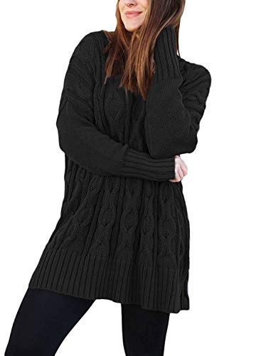 Les umes Womens Longline V Neck Solid Loose Baggy Fit Chunky Knit Oversized Sweater Black L