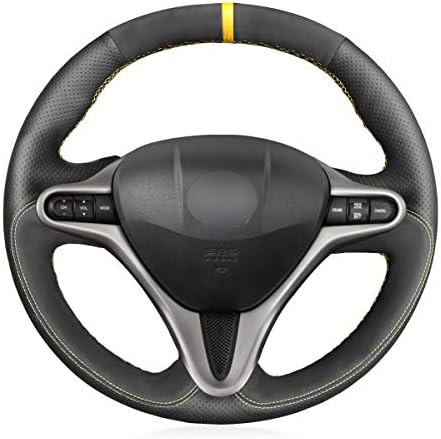 MEWANT Custom Hand Sewing Black Genuine Leather and Suede Car Steering Wheel Cover Wrap for Honda Civic 8 Civic 2006 2007 2008 2009 2010 2011 (3-Spoke) Accessories Interior Automotive