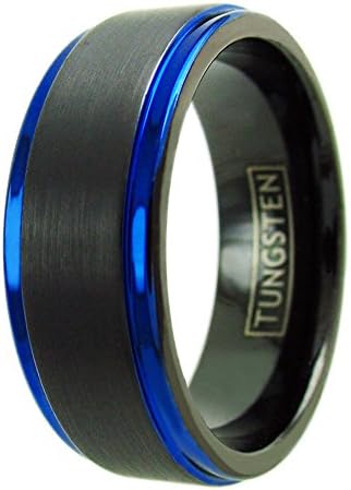 Black Brushed Finish Tungsten Wedding Band w/ Royal Blue Stepped Edges. 6mm &amp; 8mm Free Engraving (tungsten (8mm), 12)
