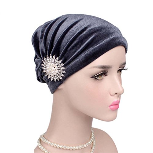 Qhome Fashion Luxury Women Velvet Turban Ruffle Hair Wrap Beanie Cap With Pearled Brooch Hijab Turbante Hair Accessories