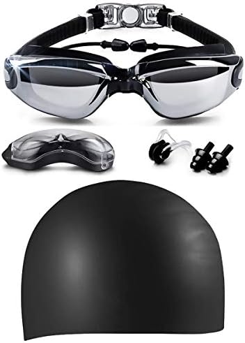 LOLOMODA Swim Goggles & Silicone Long Hair Swim Cap Set, No Leaking Anti Fog UV Protection for Men Women Adult Youth Kids, Waterproof, Triathlon Goggle with Free Protection Case