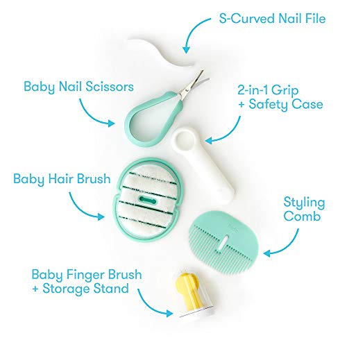 fridababy kit de aseo incluye cepillo para dedos con soporte de almacenamiento cepillo para el cabello con estuche peine para el cabello tijeras para uñas de fácil agarre con lima para uñas y estuche