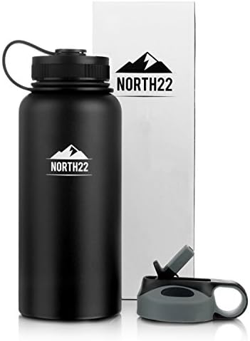 Vacuum Insulated Stainless Steel Bottle – Keep Drinks Hot or Cold – Travel Water Bottle – Wide Mouth with 2 Lids – 32oz by NORTH22