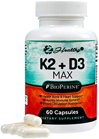 Vitamin K2 with D3 5000 IU MK7 Supplement with Bioperine (Black Pepper) Softgels for Bone & Heart Health, Immune System Support, Calcium Absorption & Healthy Cardiovascular System, 60 VIT Capsules