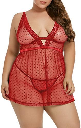 Innerger Women Lace Mesh Plus Size Lingerie Halter V neck Chemise Babydoll Sleepwear