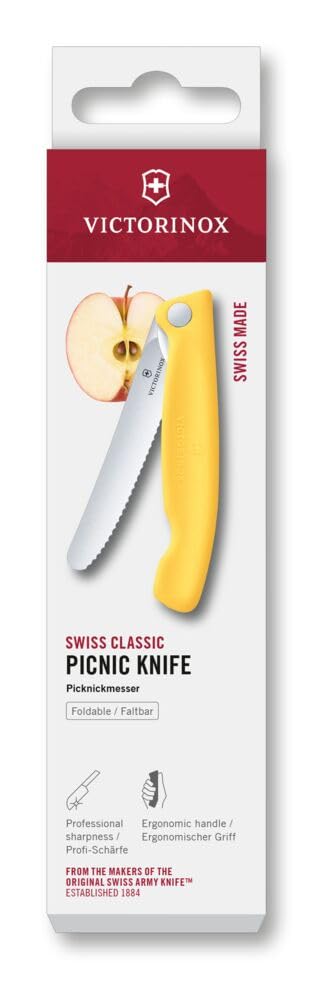 Victorinox Swiss Classic Faltbares Picknick-Messer für Wanderungen, Obst, Gemüse, Brötchen, Wurst, mit Wellenschliff, Extra Scharf, Gelb 4