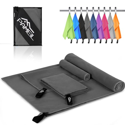 Pameil Microfibre Towel Set of 3 (160 x 80 cm Large Bath Towel + 2 Pieces 80 x 40 cm Small Towel), Travel Towel Quick-Drying Microfibre Towels for Fitness Sauna
