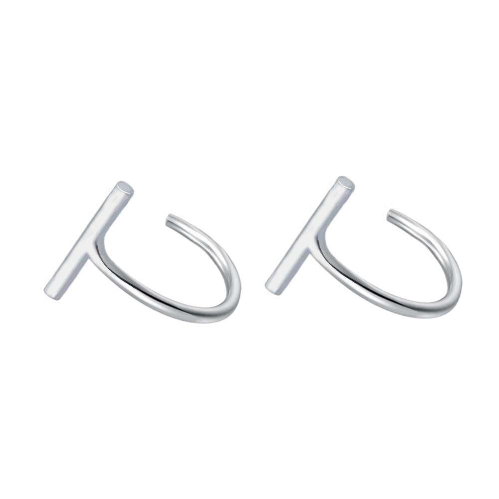 Stick T Bar Half Huggie Hoop Cuff Stud Earrings 925 Sterling Silver Small Minimalist Mini Hoops Cartilage Fashion Geometric Piercing Studs for Women Girls Sensitive Ears (White Gold)
